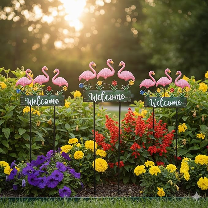 43.3inch Flamingo Garden Stakes with Vintage Welcome Yard Sign, Flamingo Outdoor Decor Metal Yard Art Ornaments for Outside Landscape, for Wife