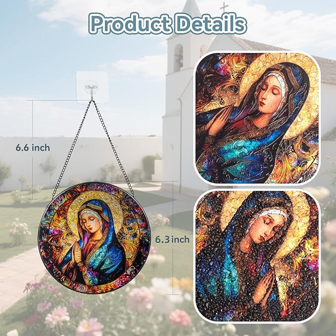 Suncatcher Stained Glass Window Hanging - Mother Mary Glass Panel with Metal Chain and Hooks Handmade Sun Catcher Decoration for Window Garden Home Christmas & Birthday Gifts (6.3 Inch)