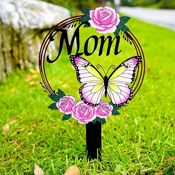 Butterfly Memorial Grave Stake for Mom - Metal Cemetery Decoration with MOM Letters, Sympathy Grave Marker, Rust-Resistant Outdoor Tribute(Butterfly Mom)