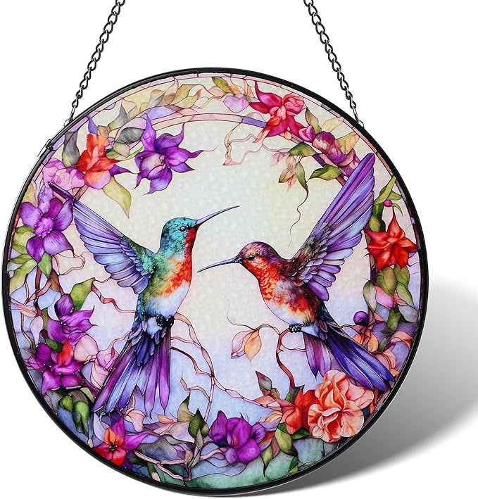 Stained Glass Window Hanging Hummingbird Sun Catcher Indoor and Outdoor, Window Garden Decor Art, Stained Glass Suncathers, Hummingbird Gifts for Women,Mom, Grandma and Wife 7.8’’ Purple