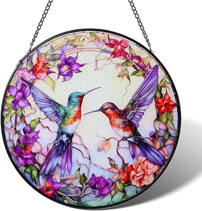 Stained Glass Window Hanging Hummingbird Sun Catcher Indoor and Outdoor, Window Garden Decor Art, Stained Glass Suncathers, Hummingbird Gifts for Women,Mom, Grandma and Wife 7.8’’ Purple