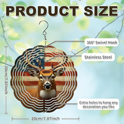 Deer American Flag Wind Spinners Outdoor, Hanging Wind Spinner for Garden Decoration, 8 inch 3D Stainless Steel Metal Wind Sculpture for Indoor/Outdoor Decor