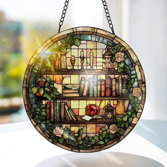 Bimkole Book Stained Glass Suncatcher Window Hanging - Flowers Indoor Window or Doorway Decoration - Handmade Sun Catcher Decor for Garden Home Christmas & Birthday Gifts 7.87x7.87 Inch