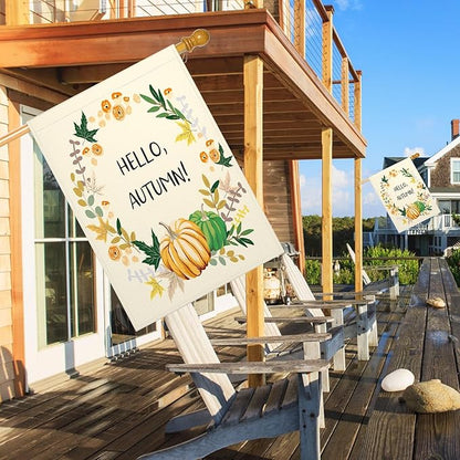 Mugod Hello Autumn Burlap House Flags for Outdoor, Fall Leaves Pumpkin Large Yard Flags 28 x 40 Double Sided Seasonal Decorative Flag for Farmhouse Holiday Decoration