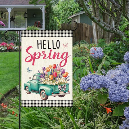 Hello Spring Garden Flag for Outside, Spring Flowers Truck Garden Flag Yard Flags for Lawn Porch Outdoor Decorations 12x18 Inch Double Sided
