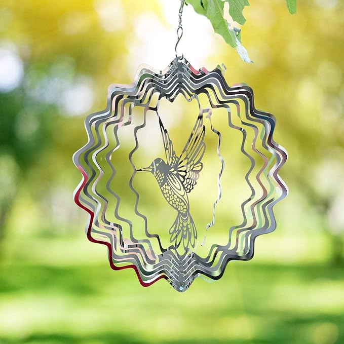 Metal Hummingbird Garden Wind Spinner, 11" Kinetic Hanging Art Sculpture, Tree Patio, Garden Decor Yard Art, Unique Gifts
