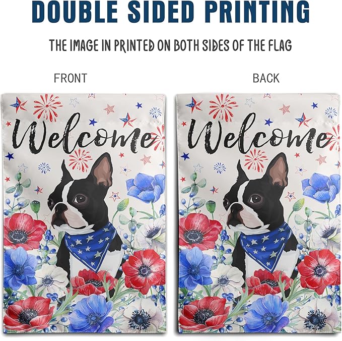 4th of July Boston Terrier Garden Flag Red White Blue Floral Dog Yard Flags Small Memorial Independence Day Banner 12x18 Double Sided for Outside Outdoor Patriotic Decor
