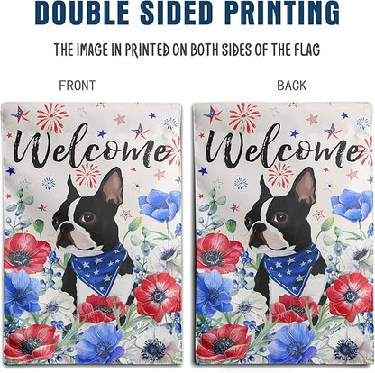 4th of July Boston Terrier Garden Flag Red White Blue Floral Dog Yard Flags Small Memorial Independence Day Banner 12x18 Double Sided for Outside Outdoor Patriotic Decor