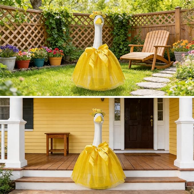Porch Goose Outfits Four-Layer Mesh Skirt Goose Outfit with Bow Tie Hat for 17-23" Lawn Cement Plastic Geese Statue for Garden Yard Decor Accessories(Yellow)