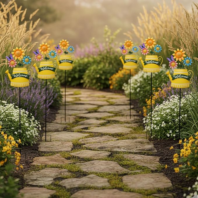 48inch Spring Metal Flowers for Outside with Decorative Butterfly, Tall Flower Garden Stakes Metal Welcome Signs for Outside, Yard, Lawn, Pathway, for Mom