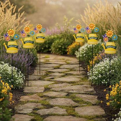 48inch Spring Metal Flowers for Outside with Decorative Butterfly, Tall Flower Garden Stakes Metal Welcome Signs for Outside, Yard, Lawn, Pathway, for Mom