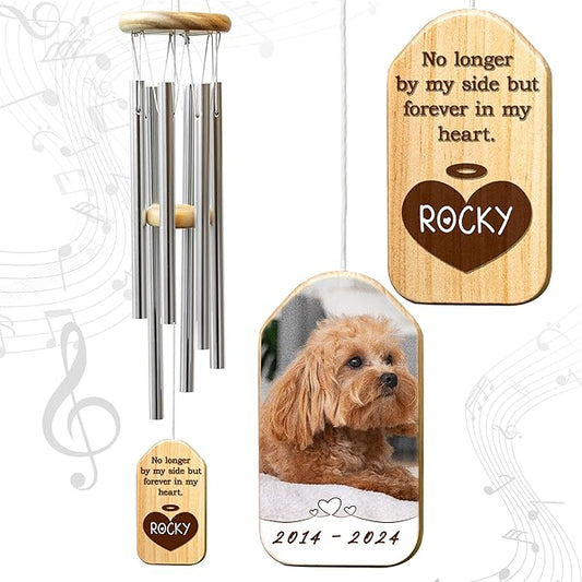 Personalized Pet Memorial Wind Chimes for Remembrance, 17 Inches, Paw Print - Add Photo & Text - Metal Tubes and Custom Wooden Striker Windcatcher