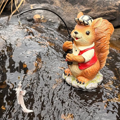 Squirrel Outdoor Statue Koi Pond Garden Decoration, Squirrel Decor for Yard 7.1'' Fishing Sculpture Outdoor Patio, Lawn Accessory, Fishing Animals for Waterfall or Koi Pond Additional, Gifts for Mom