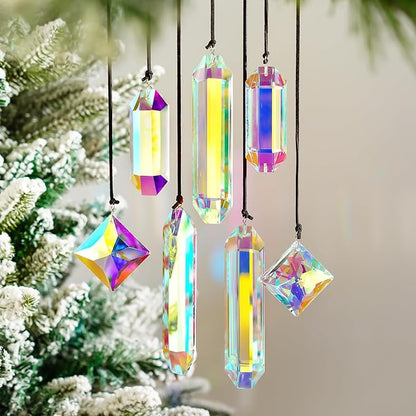 HDCRYSTALGIFTS Set 7 Crystal Sun Catcher Prisms, AB Colored Suncatcher Crystals Indoor Window Hanging Ornaments Rainbow Maker Prisms for Home Garden Decor