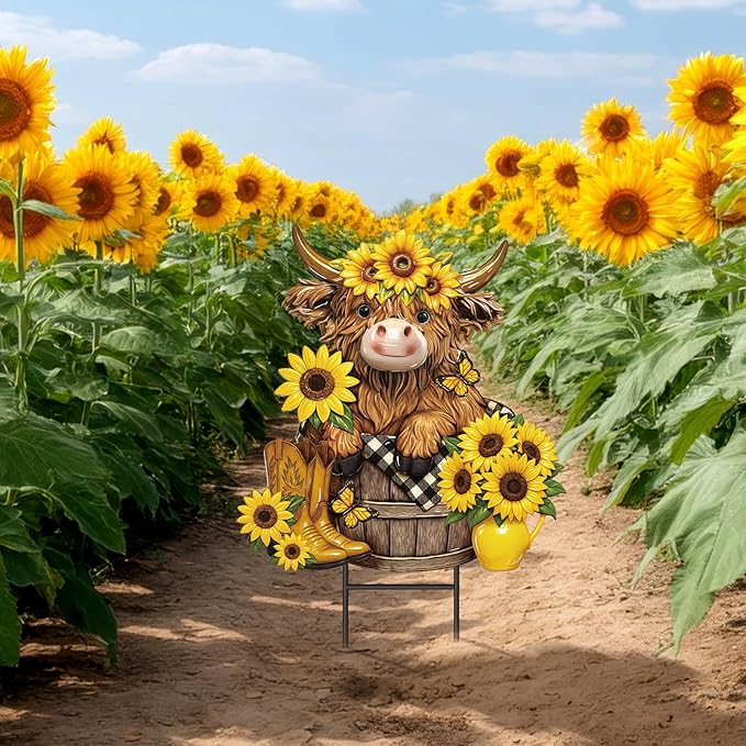 Amyhill Highland Cow Outdoor Decor Metal Garden Stakes Summer Sunflowers Yard Signs Farmhouse Floral Cattle Waterproof Lawn Sign Outdoor Decorations for Summer Holiday Garden Lawn Decor
