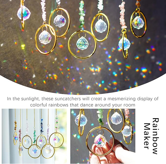 HDCRYSTALGIFTS 7PCS Crystal Suncatchers Rainbow Maker Healing Crystals for Window Prism Balls Indoor Outdoor Hanging Ornament Pendant Decor for Home, Garden, Wedding, Christmas Tree (12inch)