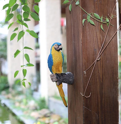 Tropical Parrot Statues Hanging Decor,13.6''(H) Wall Decor Parrot Sculpture for Home Porch Patio Door,Resin Macaw Statue Outdoor Garden Yard Tree Art Ornaments(Blue-and-Yellow)