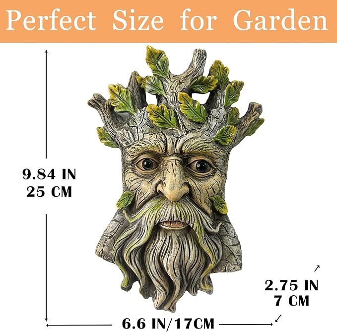 Teaeeno Whimsical Tree Face Garden Decoration, 9.8 in Tree Faces Decor Outdoor Wallmounted Statue Art with Leaf Features, Outdoor Decor Garden Accessory (Nature and Outdoors)