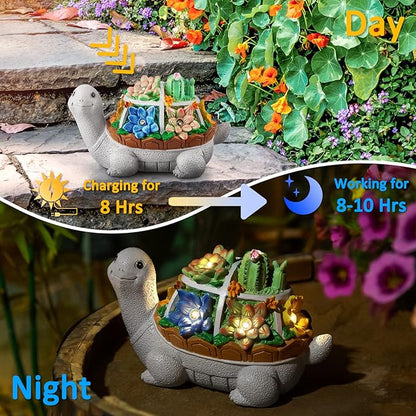 LESES Garden Statues, Turtle Solar Garden Outdoor Statues Lawn Ornaments with Cactus & LED Lights, Tortoise Figurines Outdoor Clearance Funny Decorations for Patio Balcony