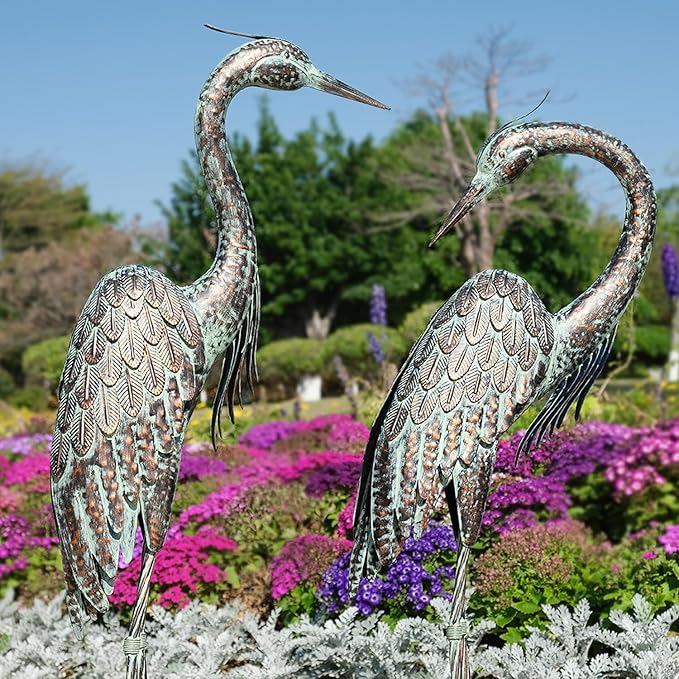 Kircust Garden Crane Statues, Standing Metal Patina Heron Decoy Outdoor Statue, 42-46 Inch Bird Yard Art for Patio Lawn Pond, Set of 2