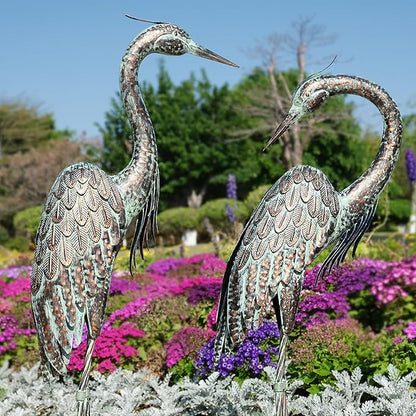 Kircust Garden Crane Statues, Standing Metal Patina Heron Decoy Outdoor Statue, 42-46 Inch Bird Yard Art for Patio Lawn Pond, Set of 2