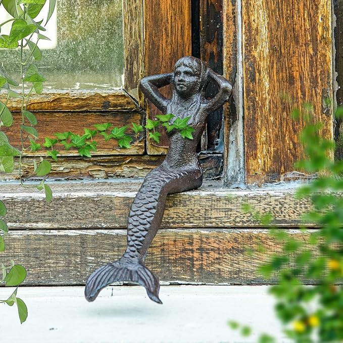 Sungmor Heavy Duty Cast Iron Mermaid Statue - 26CM Tall Sitting Mermaid Figure Ornament - Great Home & Garden Sculpture for Decorate Swimming Pool/Pond/Planter Stands/Book Shelf/Corner Table