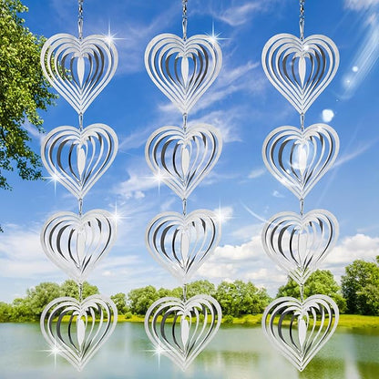 12Pcs Heart Bird Scare Discs, 4Set Highly Reflective Hanging Wind Spinners Outdoor Metal Bird Reflectors for Outside Garden Decor Lightweight Bird Devices to Scare Birds Away from Yard Porch