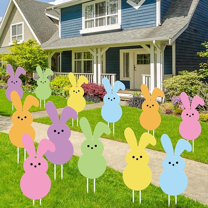 Whaline 12Pcs Easter Bunny Yard Sign with 24Pcs Stakes Fishing Line Colorful Bunny Hanging Ornament Cute Rabbit Lawn Sign for Spring Outdoor Lawn Pathway Walkway Tree Porch Party Garden Decorations