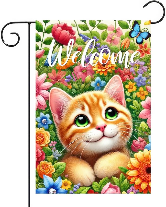 BlissYard Spring Cat Garden Flag 12x18 Inches Double Sided Cute Colorful Floral Sunflower Butterfly Welcome Yard Flags Summer Seasonal Flower for Outside Decor Home Farmhouse Holiday Decorations
