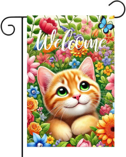 BlissYard Spring Cat Garden Flag 12x18 Inches Double Sided Cute Colorful Floral Sunflower Butterfly Welcome Yard Flags Summer Seasonal Flower for Outside Decor Home Farmhouse Holiday Decorations