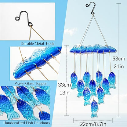 H&D HYALINE & DORA 21 Inch Blue Sea Glass Wind Chimes for Outside Blown Glass Fish Windchime Outdoor Decor for a Harmonic Porch, Patio & Garden