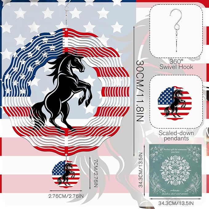 Horse Wind Spinners Outdoor - Horse Gifts for Men Women, American Flag Wind Chime for Outside, Hanging Metal Wind Sculptures for Garden Indoor Patio Lawn Yard, Veterans Day