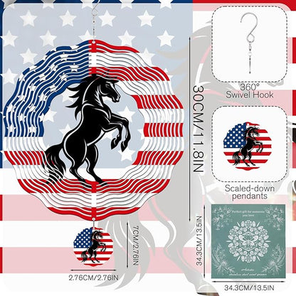 Horse Wind Spinners Outdoor - Horse Gifts for Men Women, American Flag Wind Chime for Outside, Hanging Metal Wind Sculptures for Garden Indoor Patio Lawn Yard, Veterans Day