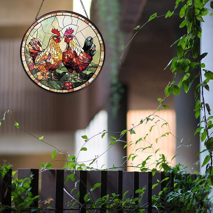 Couple Chicken Stained Glass Window Hanging Chicken Sun Catcher Decor New House Decor Christmas Suncatchers for Home Windows Hanging Decoration, 7.87inch