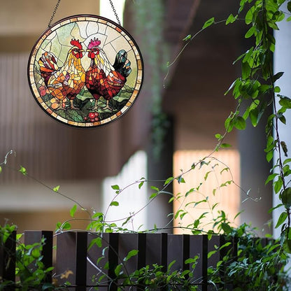Couple Chicken Stained Glass Window Hanging Chicken Sun Catcher Decor New House Decor Christmas Suncatchers for Home Windows Hanging Decoration, 7.87inch