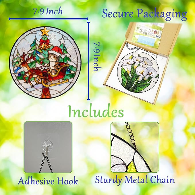 Double Sided Stained Glass Window Hanging, 7.9" Sun Catcher Panel, Green Plant Wall Art for Home & Garden, Unique Gift for Women & Men (Cute Cat Sleigh, 7.9 Inch)
