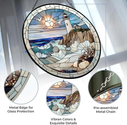 Coastal Lighthouse Stained Glass Sun Catcher Mountain Stained Glass Window Hanging, Suncatchers Lavender Wall Decor, for Women/Friends/Lover