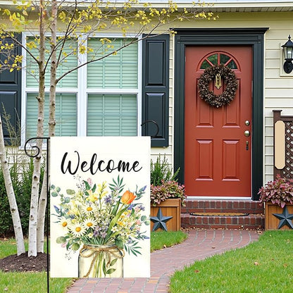 Spring Welcome Garden Flag Watercolor Wildflower Bouquet Mason Jar Floral Yard Flags Springtime Home Seasonal Bright Daisy Tulip Rustic Farmhouse House Banner Front Porch Outdoor 12×18 Inch