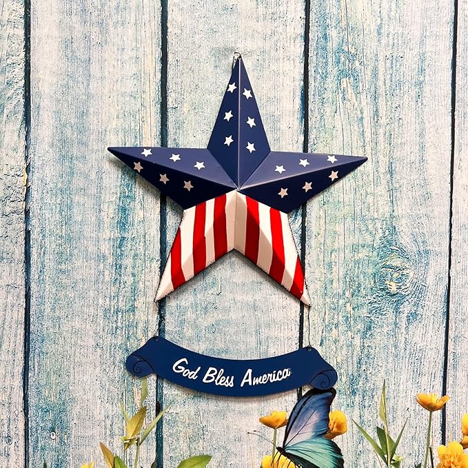 Rustic Metal 3D Barn Americana Stars, Patriotic USA Flag Wall Star with God Bless America Sign, July 4th Country Decor for Indoor & Outdoor Wall Decoration