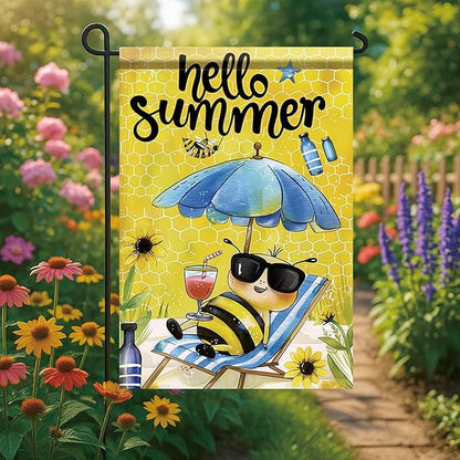 Summer Garden Flag 12x18 Inch Hello Summer Bee Honeycomb Beach Chair Sunglasses Cute Cartoon Design Outdoor Yard Porch Lawn Patio for Seasonal Farmhouse Home Decor