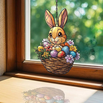 Warm Mosaic Bunny Easter Basket Acrylic Suncatcher Stained Glass Effect Window Car Hanging Christmas Ornament Indoor Outdoor Decor Garden Sun Catcher Panel for Easter Lover for Women Mom Grandma