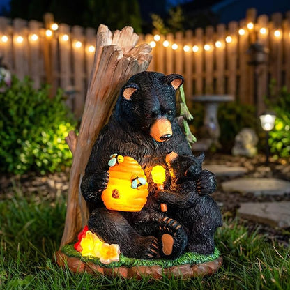 Candieslife Solar Bear Garden Statue with Glowing Beehive & Cub - Outdoor LED Figurine Decor for Patio, Lawn, Yard Art - Unique Mother's Day Housewarming Gift for Women, Mom, Grandma