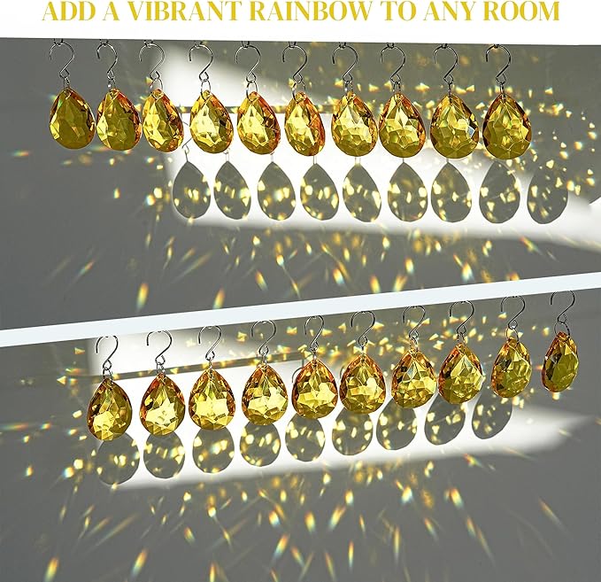 H&D HYALINE & DORA 10pcs Bauhinia Crystal Suncatcher Prisms Chandelier Beads Replacement 38mm Hanging Crystals Ornament Pendant for Window Wedding Party Decor,Yellow