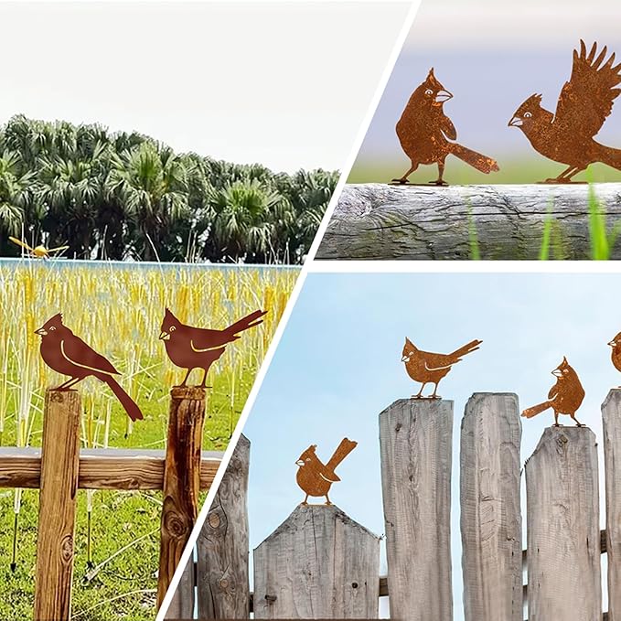 5PCS Rusty Metal Birds Decoration, Outdoor Fence Yard Decor, Metal Bird Art, Fence Decorations Outdoor, Rustic Garden Decor, Garden Sculptures Statues, Lawn Ornaments (Cardinal)