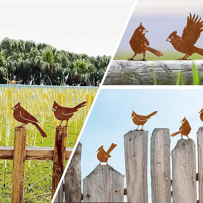 5PCS Rusty Metal Birds Decoration, Outdoor Fence Yard Decor, Metal Bird Art, Fence Decorations Outdoor, Rustic Garden Decor, Garden Sculptures Statues, Lawn Ornaments (Cardinal)