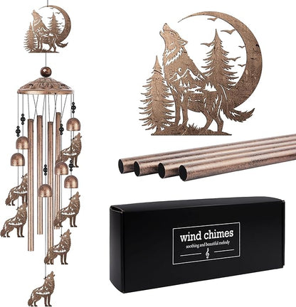 Romart Wolf Wind Chimes for Outside, Wolf Gifts for Women Men Birthday Metal Sympathy Memorial Windchimes for Outdoors Indoors, Garden, Patio, Home, Porch, Yard Decorations