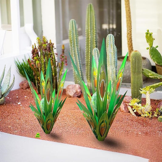 Jesokiibo 2pcs Tequila Sculpture Metal Agave Plant Home Decor Rustic Hand Painted Figurines Yard Decorations Lawn Ornaments（Multi-Color LED Solar Light Green） (Green)