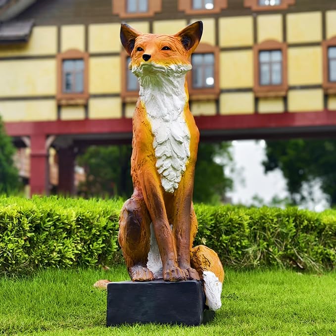 GENUINQ Sitting Fox Large Size Decorative Statue Outdoor Wit Fox Orange and White Cute Sculpture for Garden,Patio,Lawn Fox Fable Figurine