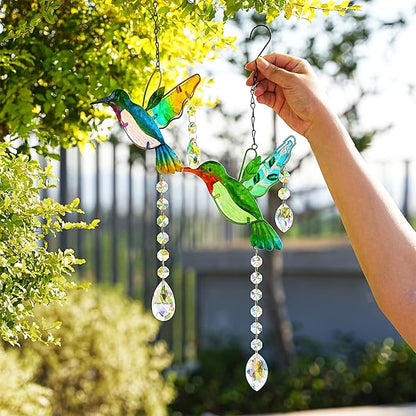 YU FENG 2PCS 18.1" Hummingbird Suncatchers,Stained Glass Window Hanging Ornament for Christmas Tree,Rainbow Maker Crystal Prism Suncatcher Outdoor Indoor Home Garden Party Decoration