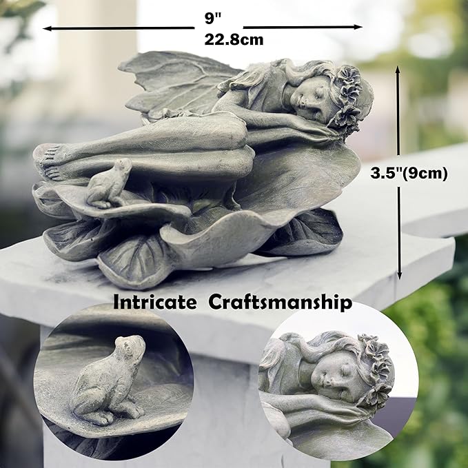 Garden Fairy Statue,Garden Sleeping Angel on Lotus Leaf with Bird Feeder Feature Outdoor Decor Sculptures Figurine Gardening Lawn